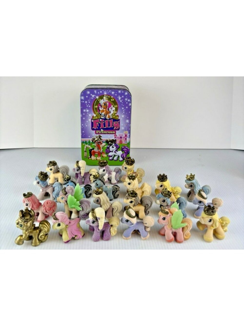 Filly Princess Ponies Lot 22 Flocked Figures + Princess Crystal Gold + Tin